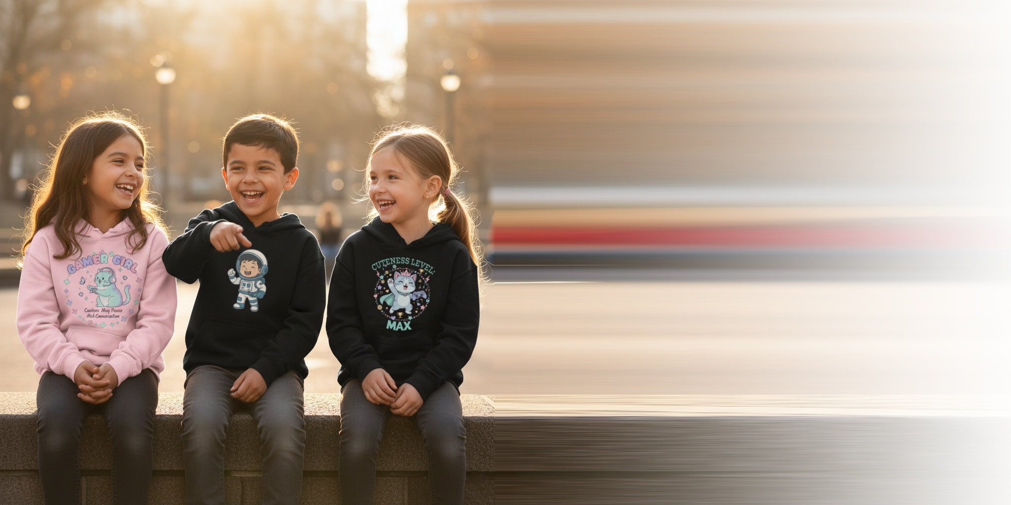 Family wearing fun gaming-themed clothes from Family Leveling, showing happy family members in gaming shirts and hoodies